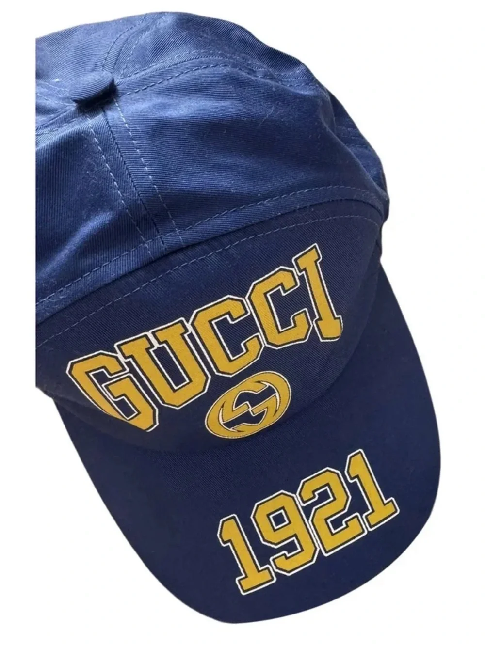 Gucci Blue Cap with Yellow Logo and 1921 Detail